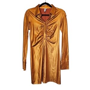 & Other Stories Shirt Dress - Size 6 - Metallic Copper Long-Sleeve Ruched Indie